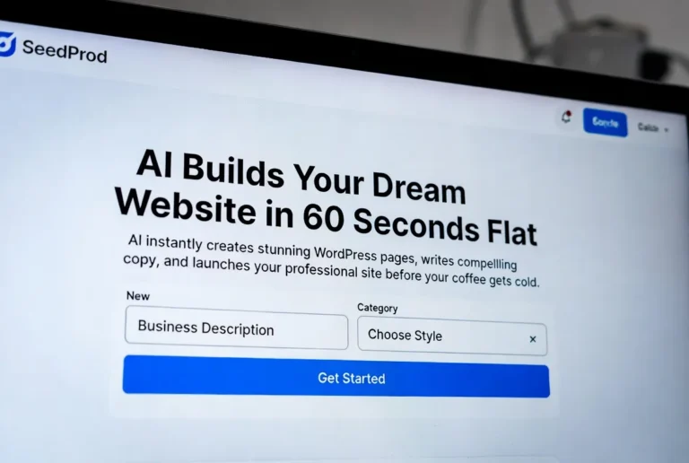 SeedProd 2025 dashboard showing AI-generated coming soon page for WordPress website