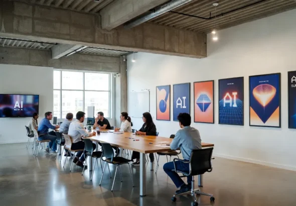 A photograph of Meta's Superintelligence Labs interior, featuring a minimalist, tech-focused office with natural light and AI themes.