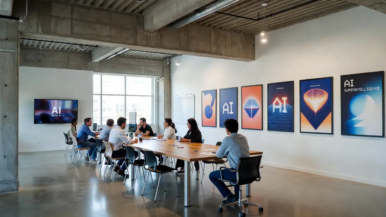 A photograph of Meta's Superintelligence Labs interior, featuring a minimalist, tech-focused office with natural light and AI themes.